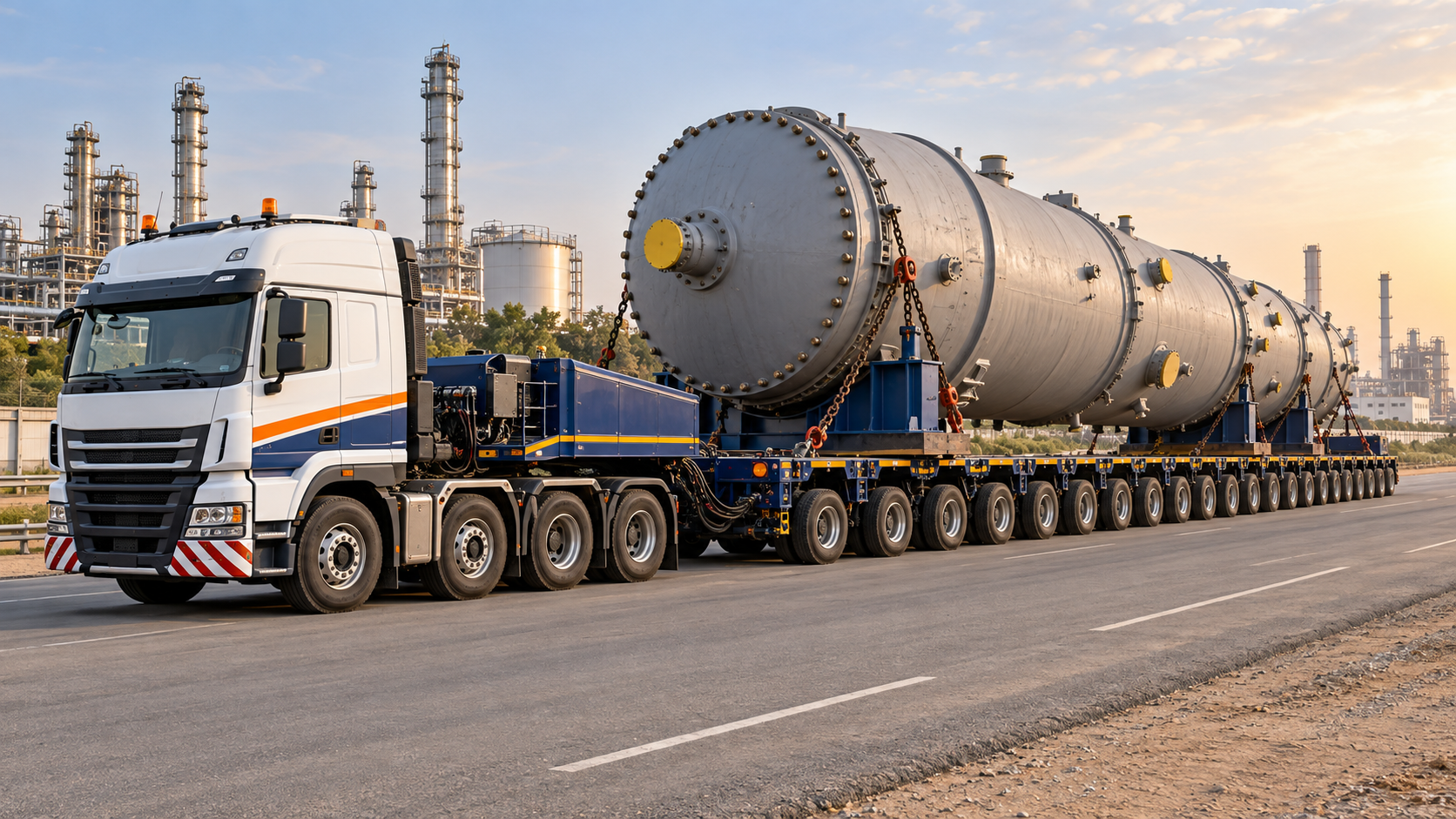 Illustration of an oversized industrial vessel transported on a multi-axle heavy-duty trailer